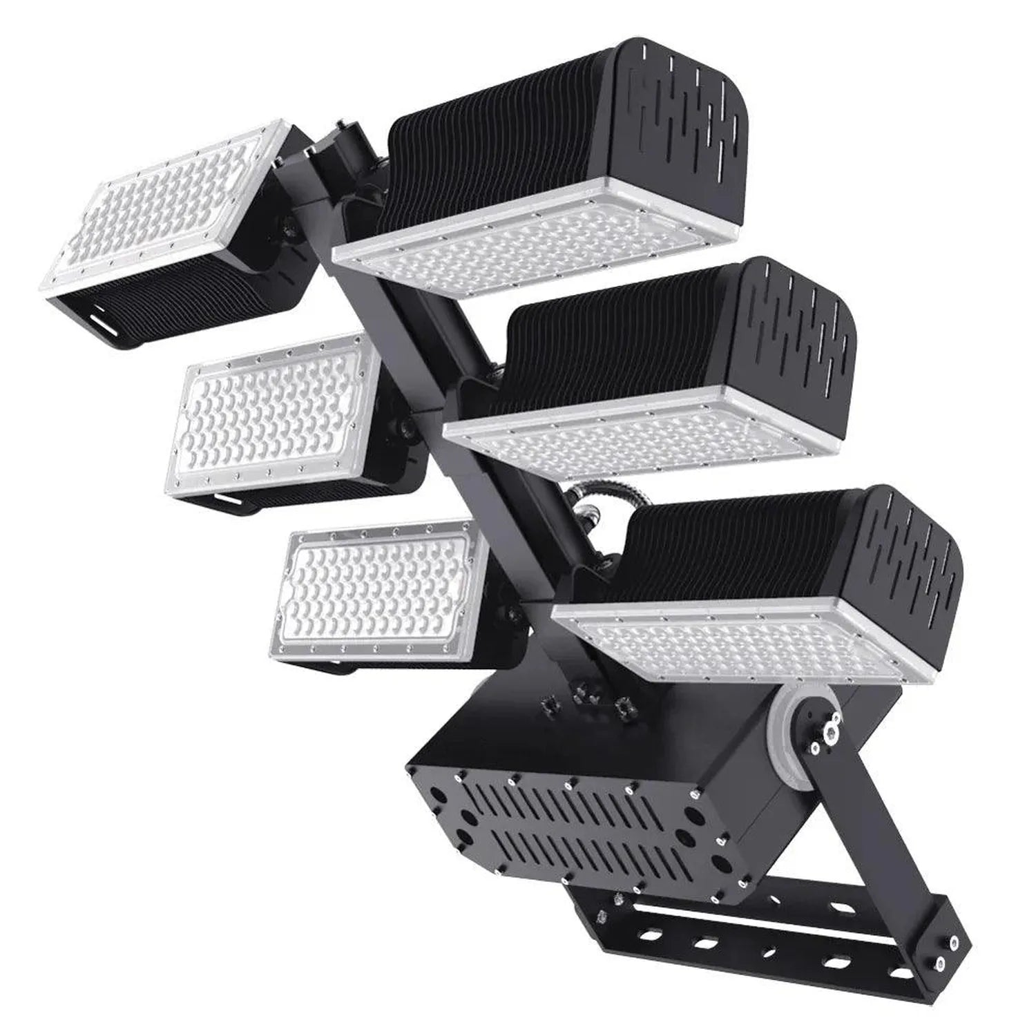 Modular LED flood light fixture with adjustable heads mounted on articulating arm, showing multiple lighting configurations.