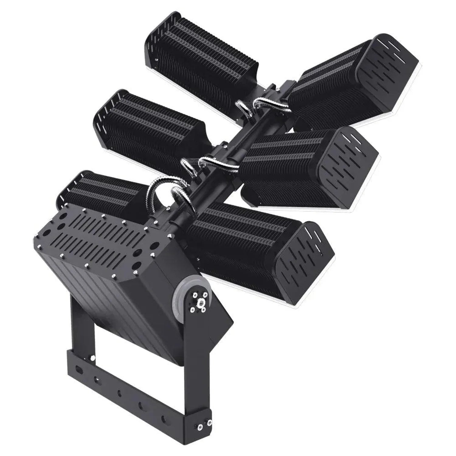 Black multi-head LED flood light fixture with pivoting arms mounted on base, product studio shot.