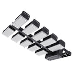 Multiple rectangular LED flood lights with black heat sinks mounted on shared black bracket frame, product shot on white back