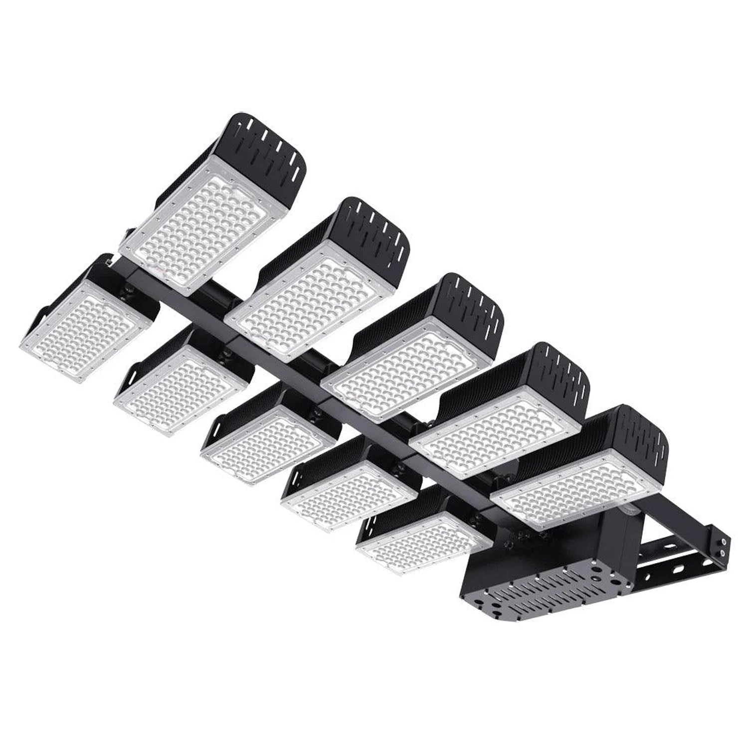 Multiple rectangular LED flood lights with black heat sinks mounted on shared black bracket frame, product shot on white back