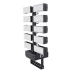 Vertical tower-mounted LED flood light system with five dual-lamp units stacked on black pole, showing product alone against 