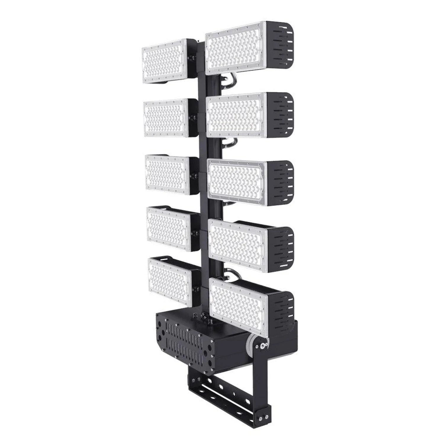 Vertical tower-mounted LED flood light system with five dual-lamp units stacked on black pole, showing product alone against 
