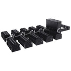 Black LED flood light fixture with five adjustable heads on mounting bracket, front product view.