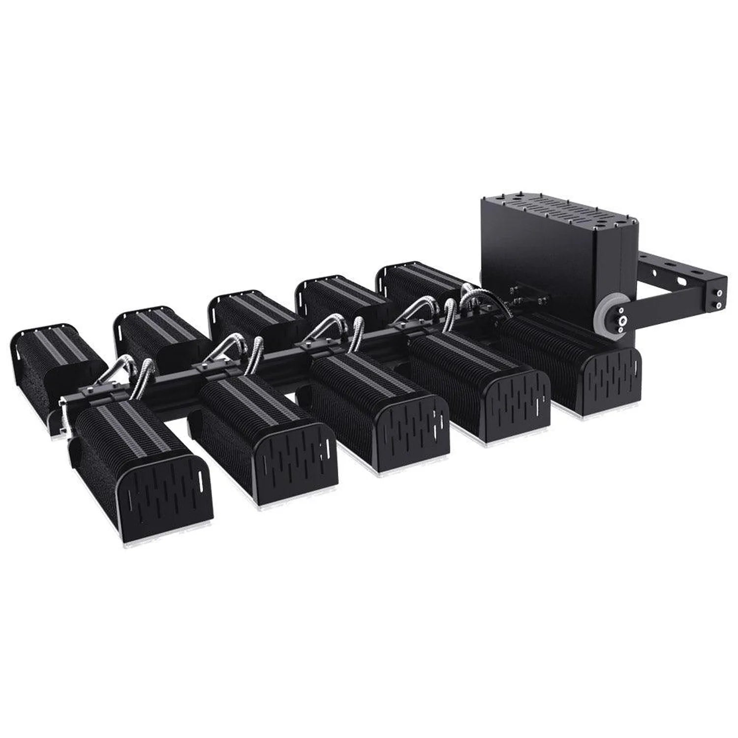 Black LED flood light fixture with five adjustable heads on mounting bracket, front product view.