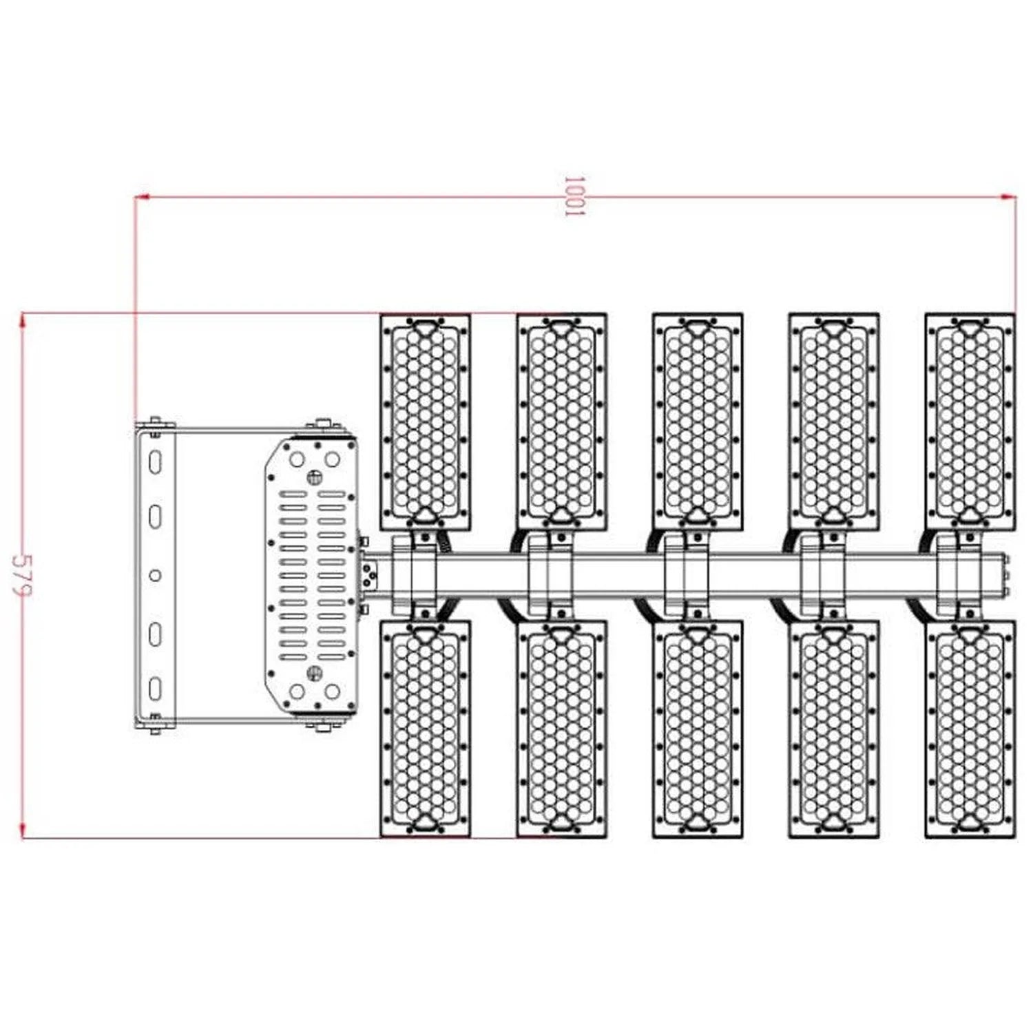 Technical dimension diagram of 1200W LED flood light showing top-down layout with central control unit and ten hexagonal ligh