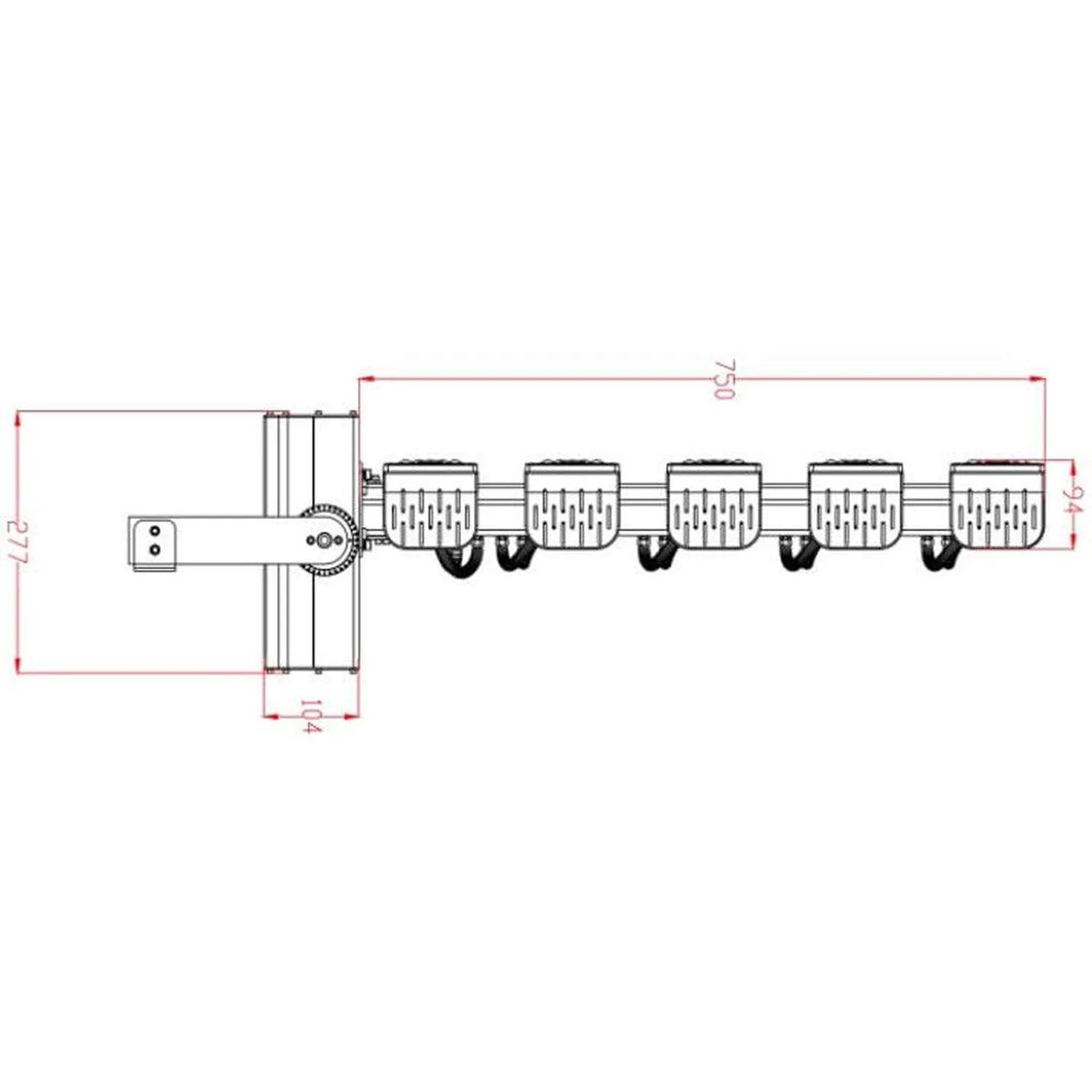 Technical dimension diagram of LED flood light system showing top-down view with mounting hardware and five light fixtures on