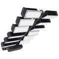 Modular LED flood light fixture with multiple swiveling heads mounted on adjustable arms, shown in product display angle.