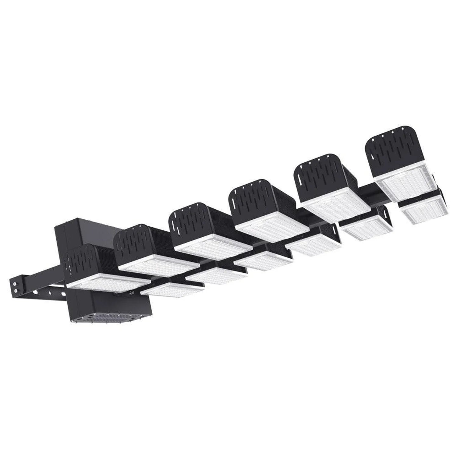 High-powered LED flood light fixture with multiple adjustable heads mounted on black frame, product photo on white background
