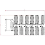 Dimension diagram of stadium flood light system showing control unit and twelve modular LED panels arranged in two rows, labe