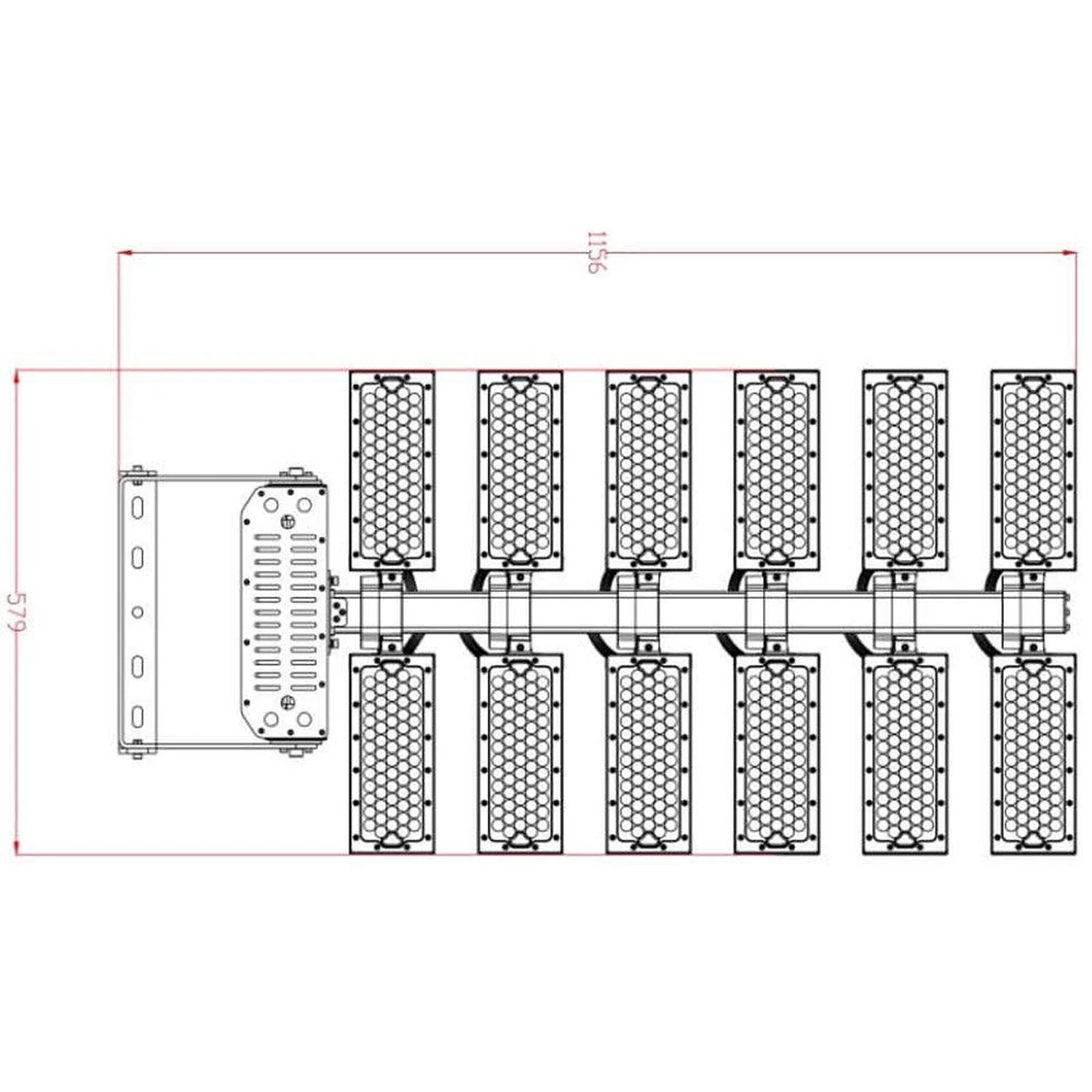 Dimension diagram of stadium flood light system showing control unit and twelve modular LED panels arranged in two rows, labe