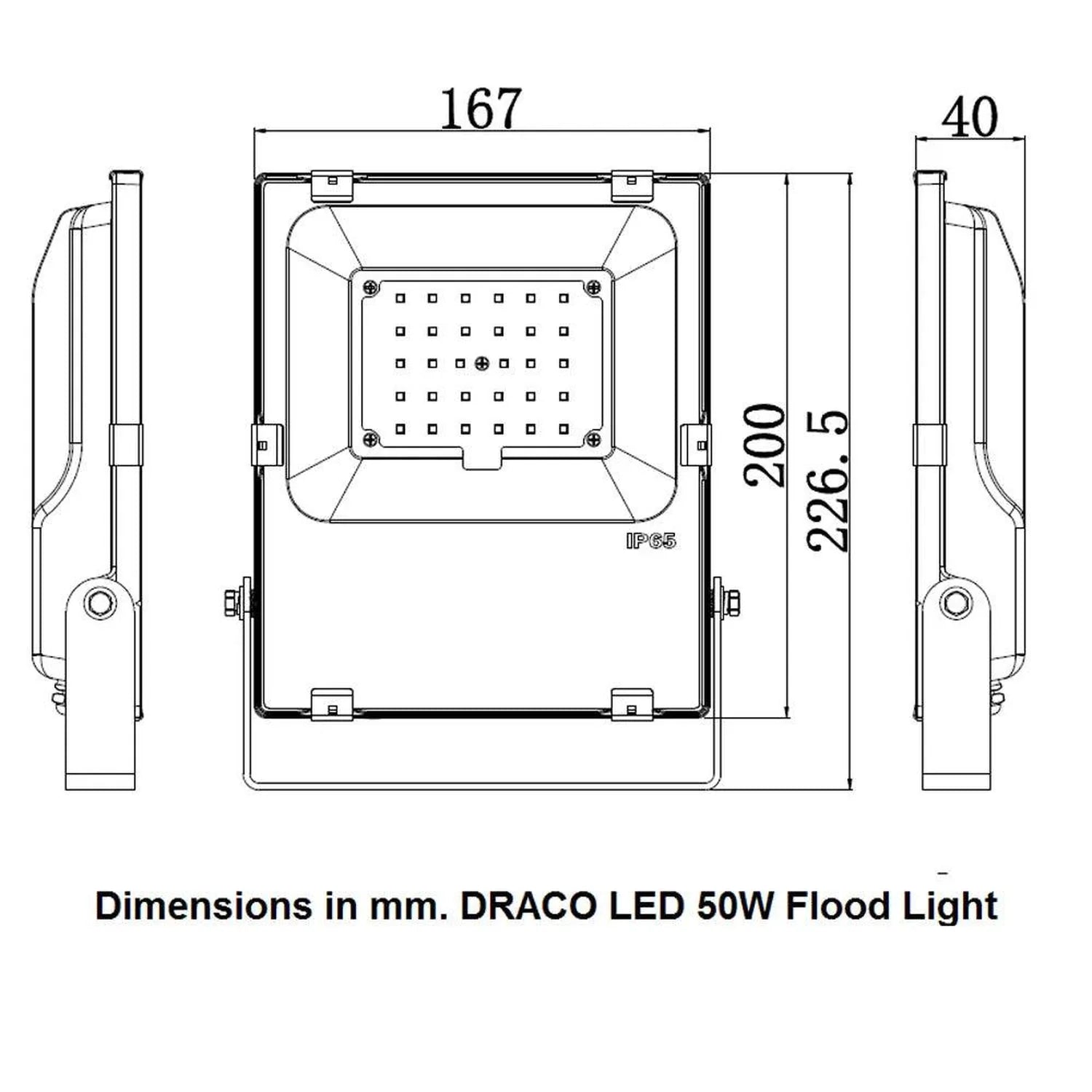 Technical dimension diagram of DRACO LED 50W flood light showing front and side views with measurements in millimeters.