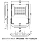 Technical dimension diagram of DRACO LED 100W flood light showing front, side, and bottom views with measurements in millimet