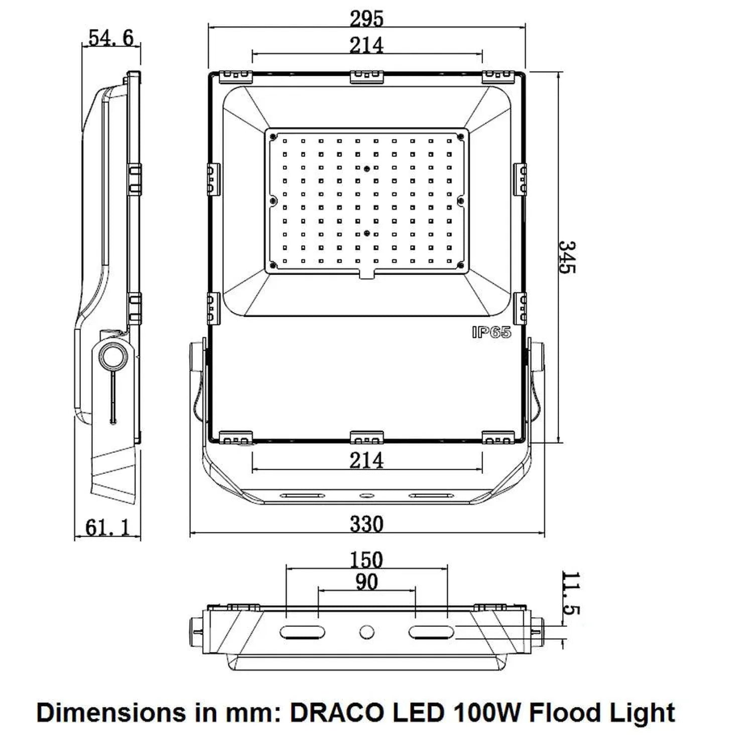Technical dimension diagram of DRACO LED 100W flood light showing front, side, and bottom views with measurements in millimet