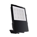 Black LED floodlight with white light panel and mounting bracket, angled product shot against white background.