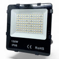 150W LED floodlight with black housing and white diffuser panel containing warm white LEDs, labeled IP66 and RoHS certified.