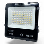 150W LED floodlight with black housing and white diffuser panel containing warm white LEDs, labeled IP66 and RoHS certified.