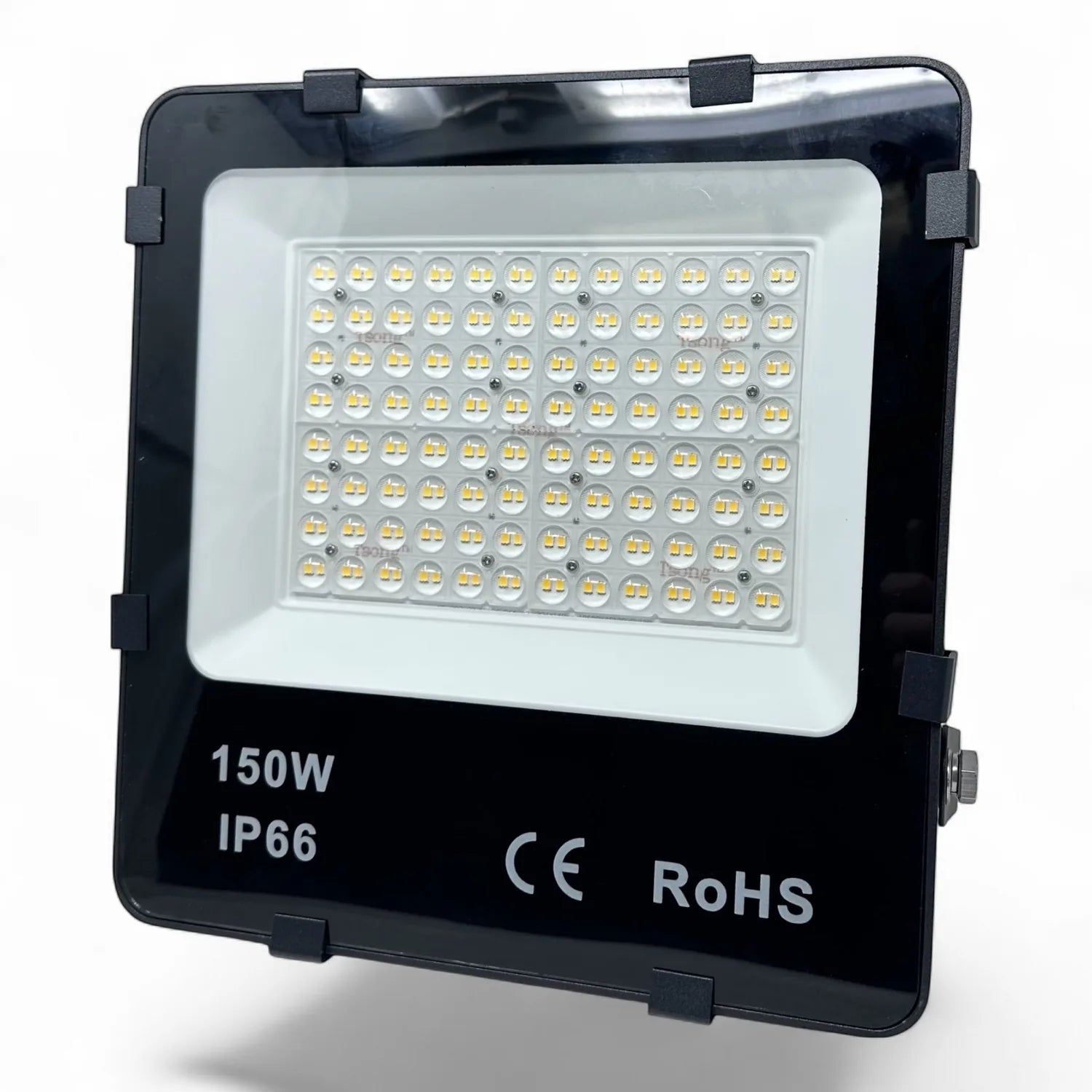 150W LED floodlight with black housing and white diffuser panel containing warm white LEDs, labeled IP66 and RoHS certified.