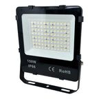 150W LED floodlight with white diffuser panel containing small LED modules, black aluminum housing, mounting bracket, labeled