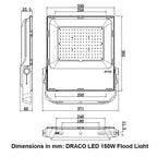 Technical dimension diagram of DRACO LED 150W flood light showing front, side and bottom views with measurements in millimete