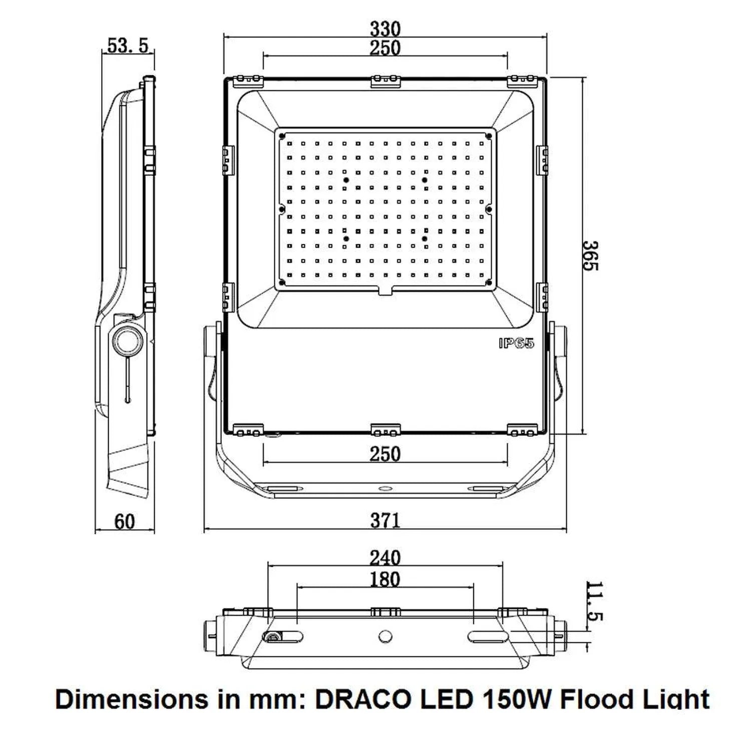 Technical dimension diagram of DRACO LED 150W flood light showing front, side and bottom views with measurements in millimete