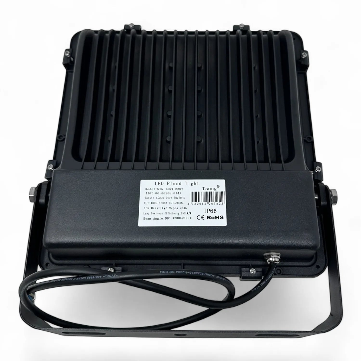 Black LED floodlight with ribbed aluminum heat sink, shown from rear view displaying product label and power cable.