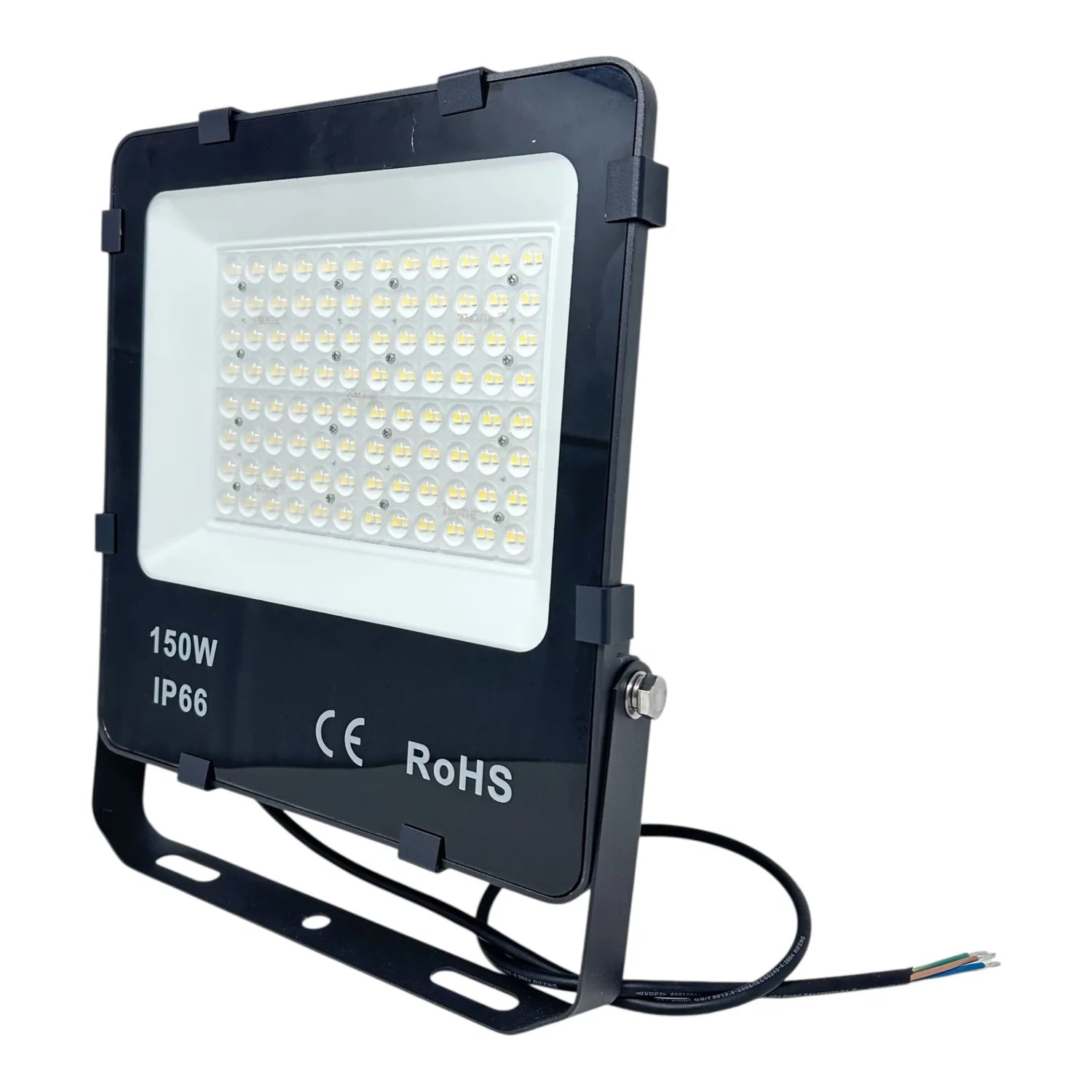 Black 150W LED floodlight with white diffuser and mounting bracket, IP66 rated, shown at angle with power cord.