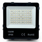 150W LED floodlight with black housing and white light panel containing 96 small LED modules, front view showing IP66 and RoH