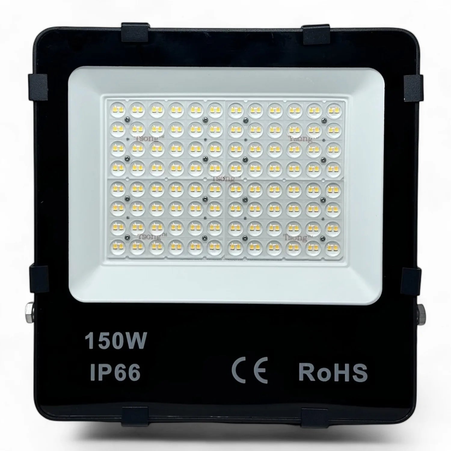 150W LED floodlight with black housing and white light panel containing 96 small LED modules, front view showing IP66 and RoH