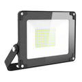 Black LED flood light with adjustable bracket and white diffuser panel containing yellow LED array, product shot on white bac