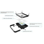 Exploded view diagram of LED flood light showing layered components: tempered glass lens, silicone gasket, reflector, PCBA wi