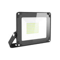 Black LED flood light with adjustable stand, white diffuser panel, and yellow LED array visible inside.