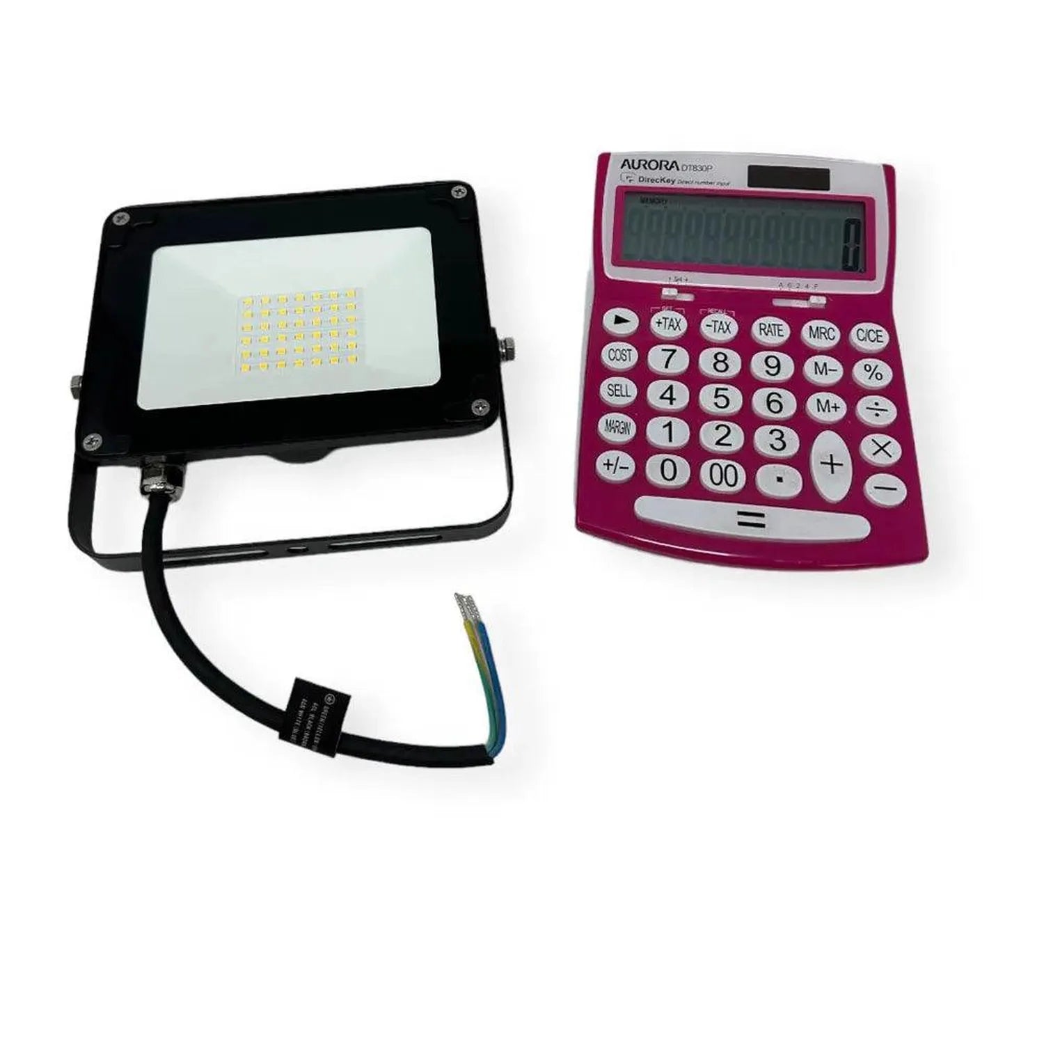 Black LED flood light with power cord next to magenta Aurora calculator for size comparison.