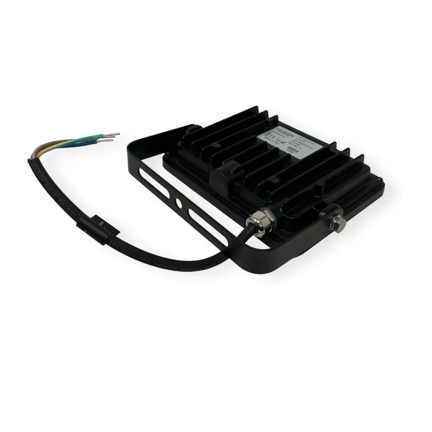 Black LED flood light with heat sink fins, mounting bracket, and attached power cable with exposed wires, product alone on wh