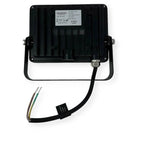 Rear view of black rectangular LED flood light with mounting bracket and power cable with bare wires visible.