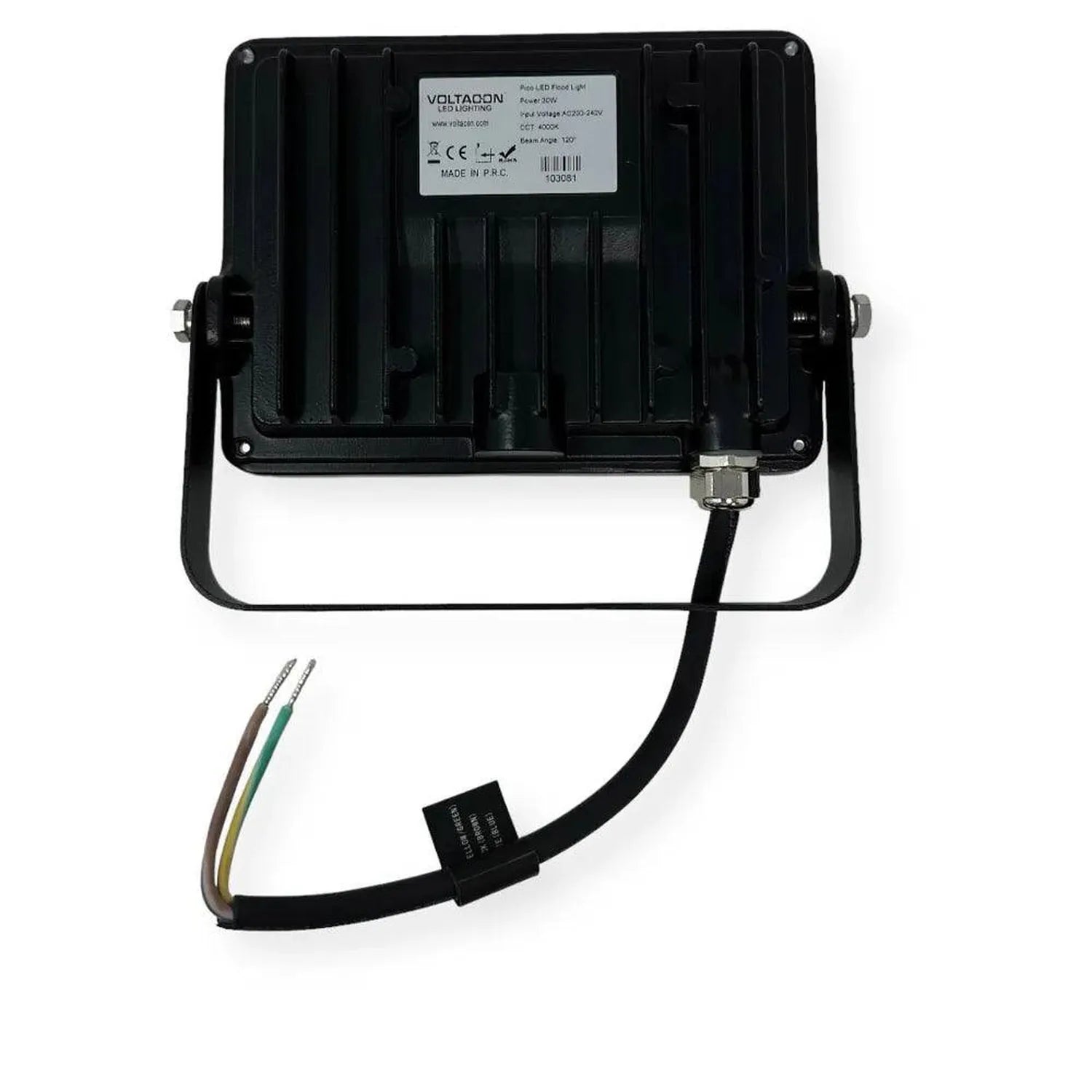 Rear view of black rectangular LED flood light with mounting bracket and power cable with bare wires visible.