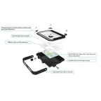 Exploded view diagram of LED flood light showing tempered glass lens, silicone gasket, reflector, PCBA with LED chips, alumin