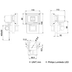 Dimension diagram of PICO LED flood light showing multiple views with measurements in millimeters, including front, rear, and
