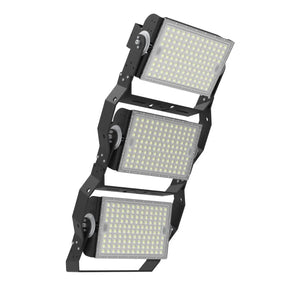 Three-module LED flood light with adjustable brackets and control knobs, shown against white background.