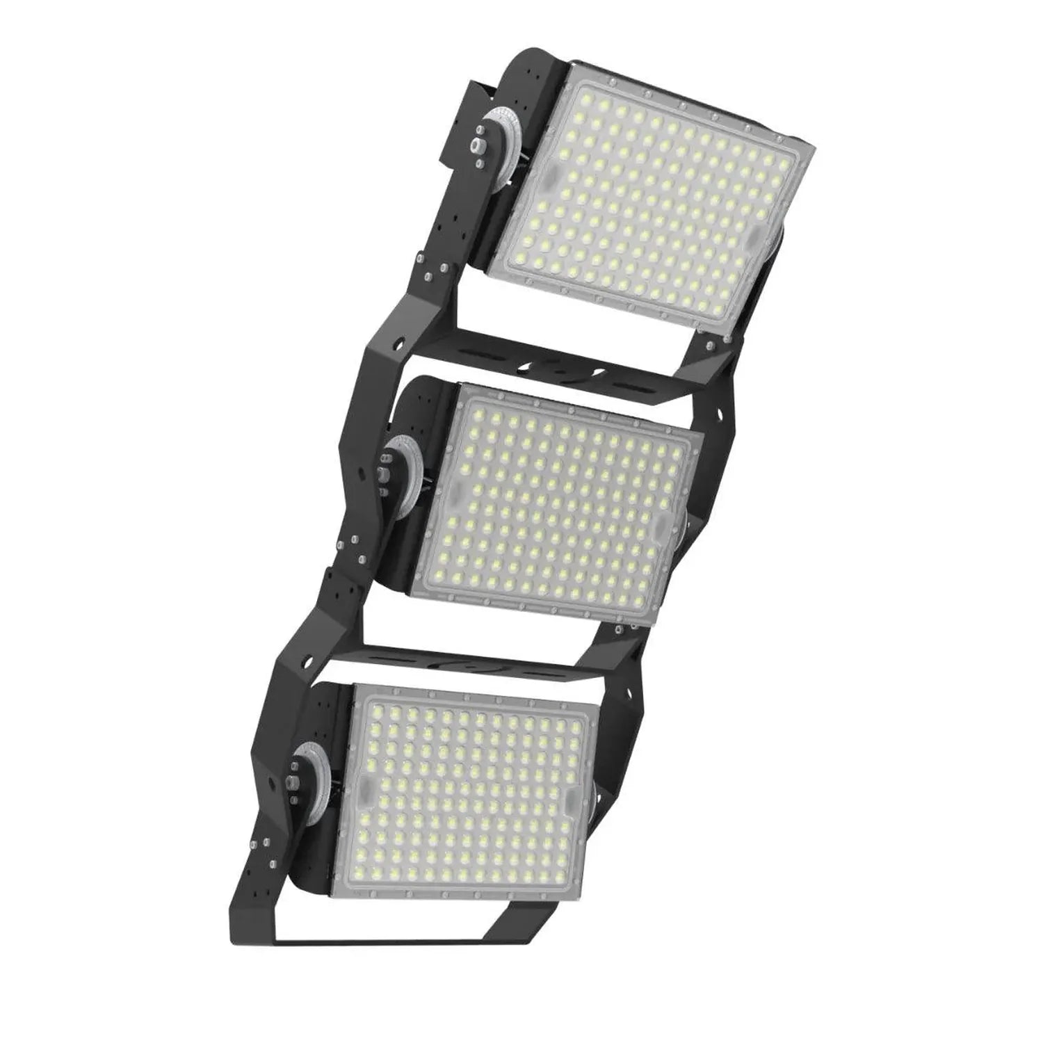 Three-module LED flood light fixture with adjustable brackets and control dials, mounted vertically.
