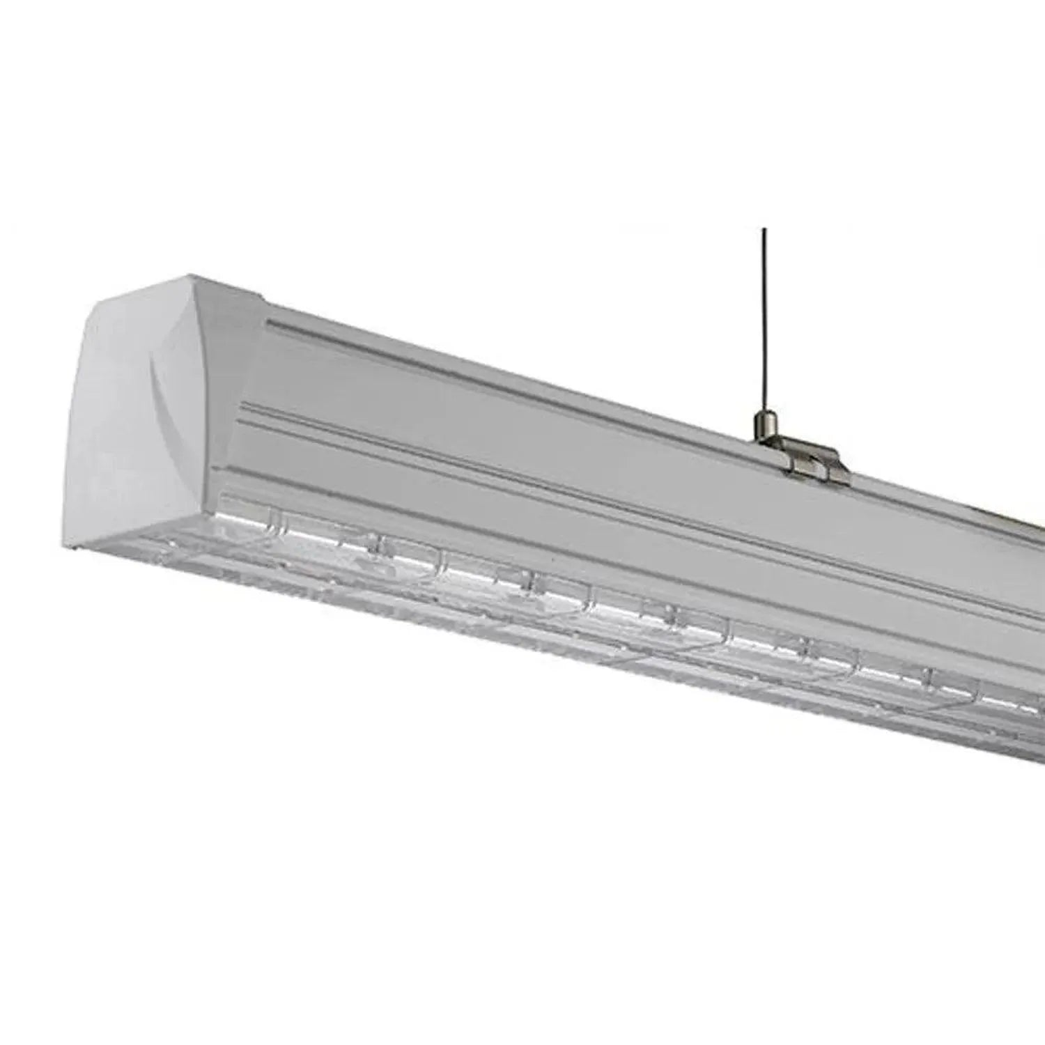 Attica LED linear light fixture with white housing, clear diffuser, and mounting antenna, angled product view.