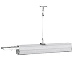 Attica LED linear light fixture suspended by cable from ceiling mount, showing aluminum housing with integrated power supply 