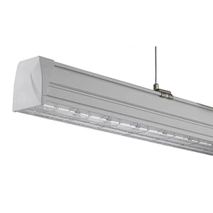 Attica LED linear trunking light with gray aluminum housing, clear lens, and mounting bracket with antenna detail, angled vie