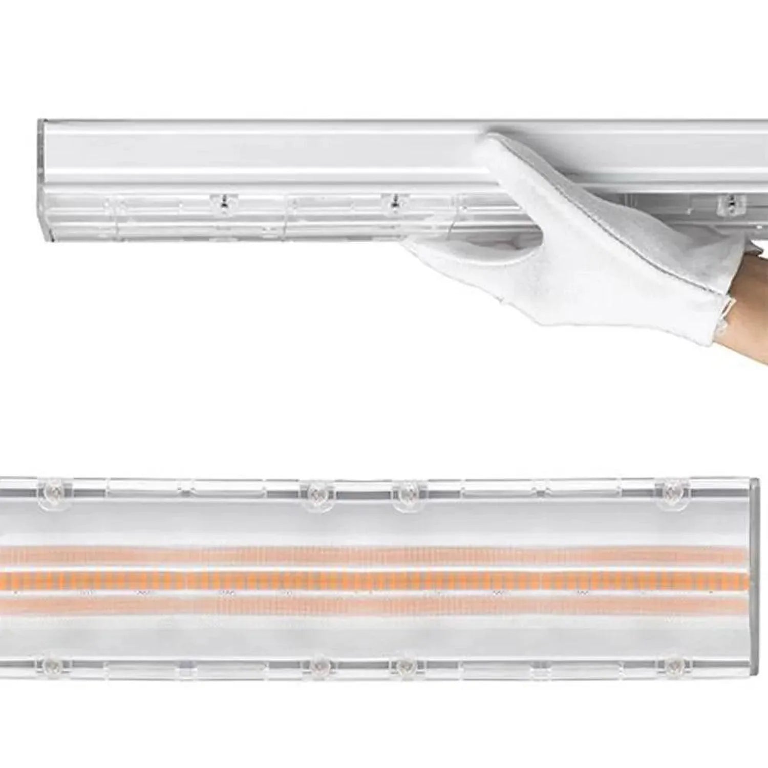 Attica LED linear trunking light shown in top and bottom component views with installation detail and glowing amber LED strip