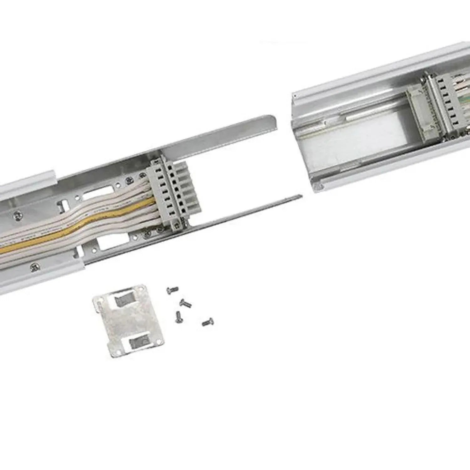 Attica LED linear trunking light components displayed disassembled, showing aluminum track, electrical connectors, mounting b
