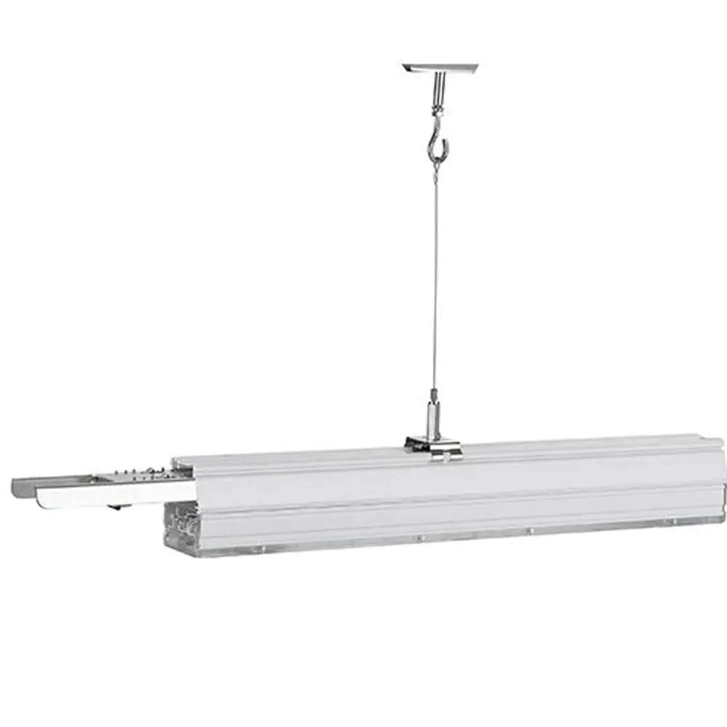 Linear LED trunking light with aluminum housing suspended from ceiling mount by metal chain and hook.