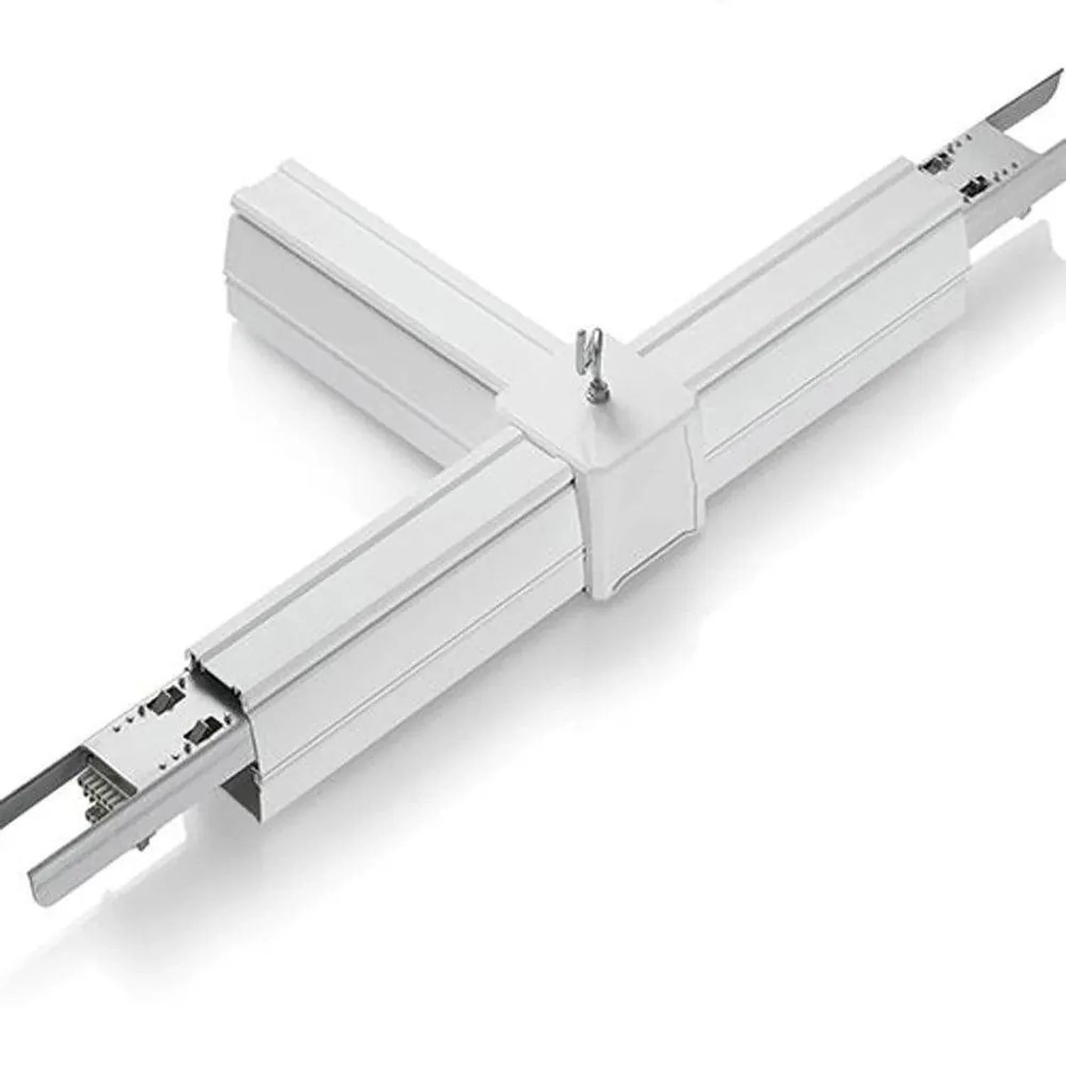 White LED linear trunking light fixture with connector bracket and power cables, 150cm length, shown in isometric view.