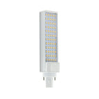 Vertical LED bulb with white aluminum housing and rows of small yellow LEDs, featuring a two-pin G24 base connector at bottom