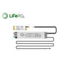 LiFePO4 emergency conversion kit components displayed: cylindrical battery pack, driver module, and power cable assembly.