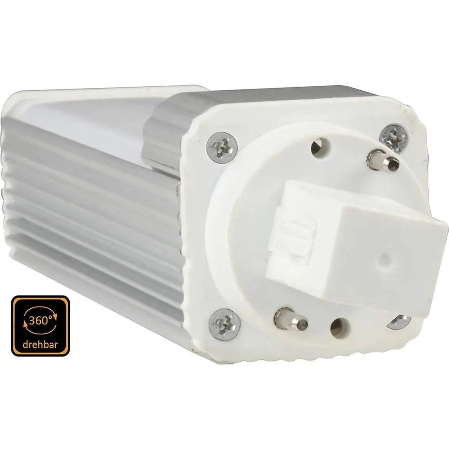 White LED PL bulb with ribbed aluminum heat sink, G24 2-pin base, screw terminals visible, 360-degree rotatable drehbar logo 