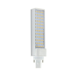 White LED light bulb with horizontal 2-pin base and grid of small yellow light-emitting diodes across front face, shown again
